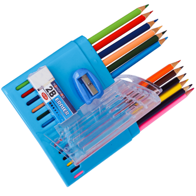 Set creioane colorate cu ascutitoare si radiera 12 buc